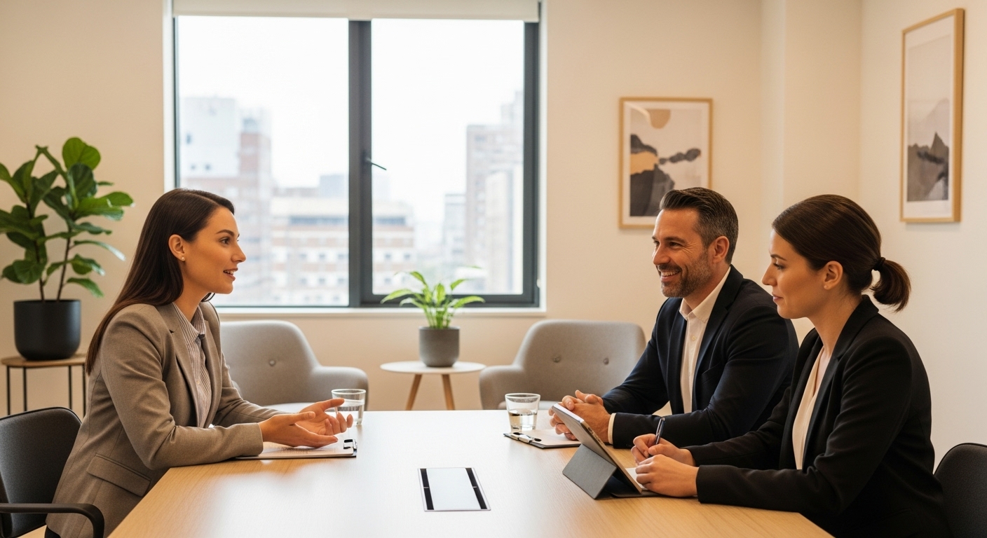 A candidate confidently explaining their background to interviewers.