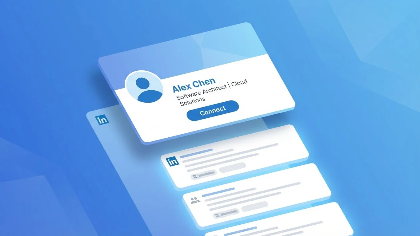 Stylized LinkedIn profile card highlighted in search results.