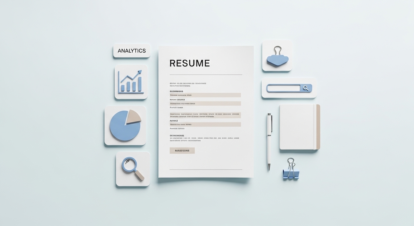 Modern resume layout highlighting key skills and keywords on a clean desk.