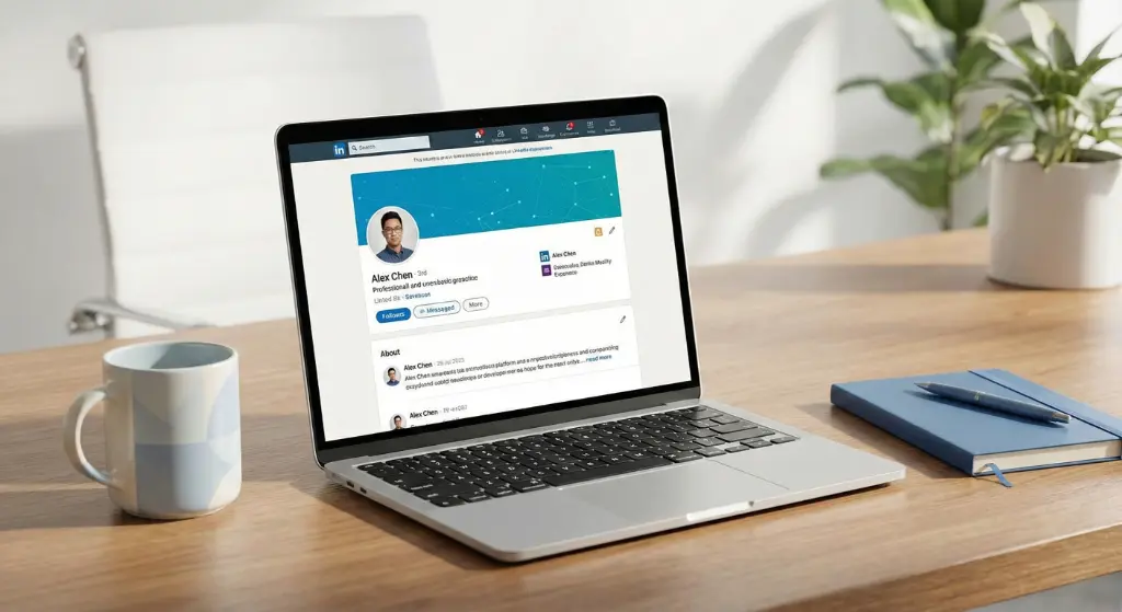 Laptop screen displaying a professional LinkedIn profile with a clean workspace around it.