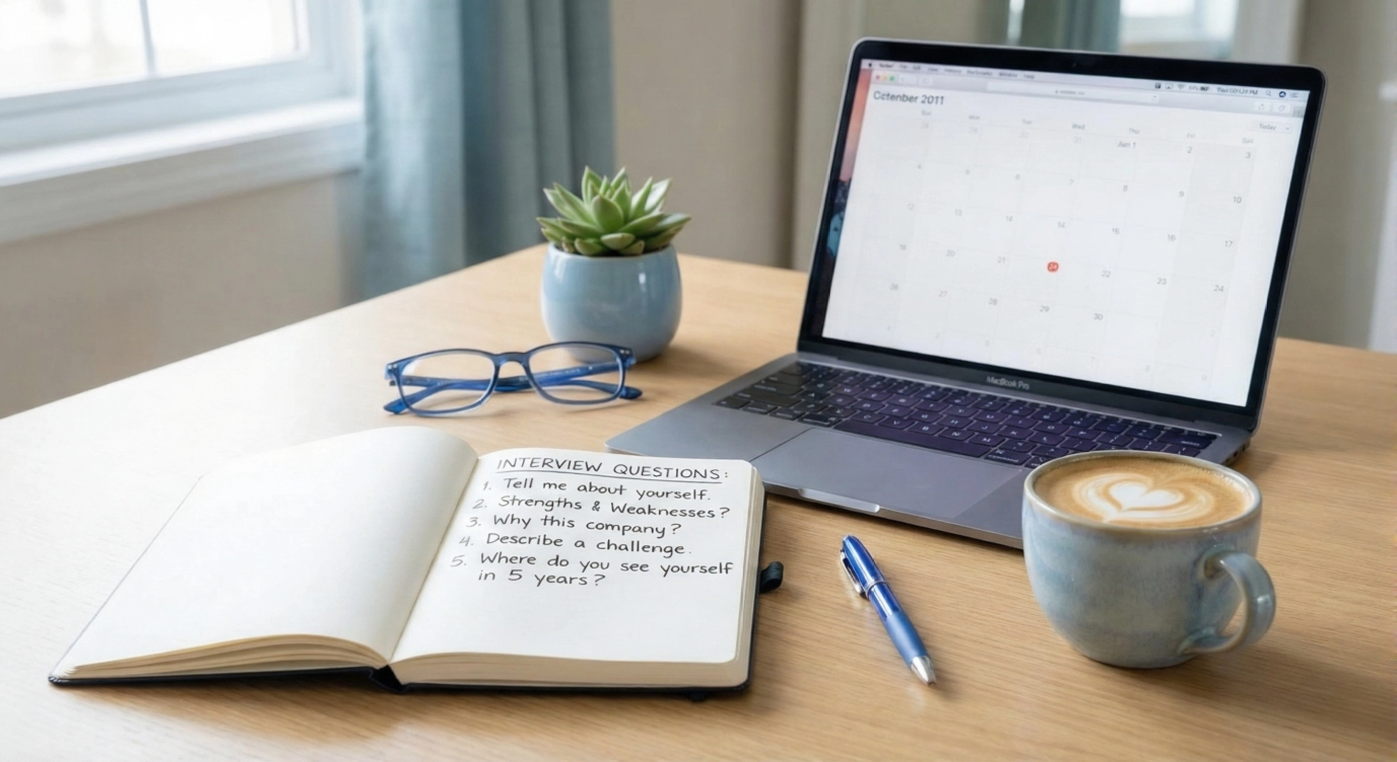 Notebook with interview questions written on the page beside a laptop and coffee.
